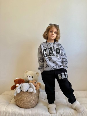 Sacro Kids Gri Dinozor Desenli Gap Baskılı Eşofman-Sweatshirt 3 Iplik Şardonlu Kışlık Erkek Çocuk Takım