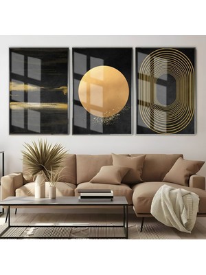 Harikabirev Siyah Gold Soyut Kombin  Çerçeveli Cam Tablo  3'lü
