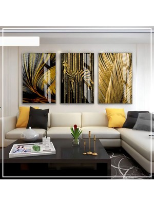 Harikabirev Siyah Gold Renk Soyut Zebra Seti  Çerçeveli Cam Tablo 3'lü