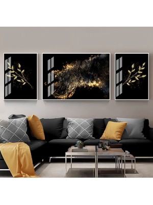 Harikabirev Siyah Gold Soyut Yaprak Kombini Çerçeveli Temperli Cam Tablo 3'lü