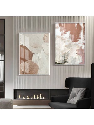 Harikabirev Bej Beyaz Krem Soyut Abstract Kombin  Çerçeveli Cam Tablo  2'li