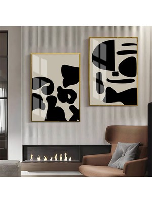 Harikabirev Siyah Bej Soyut Abstract Kombin  Çerçeveli Cam Tablo  2'li