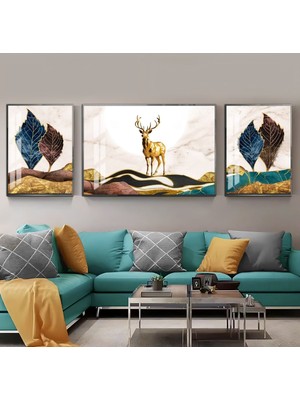Harikabirev Turkuaz Gold Sevilen Geyik Kombini Çerçeveli Temperli Cam Tablo 3'lü
