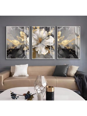 Harikabirev Siyah Gold Renk Soyut Sevilen Çiçek  Çerçeveli Cam Tablo 3'lü