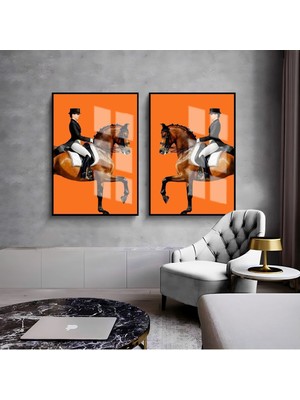 Harikabirev Turuncu Kahverengi Kadın Ve At Kombini  Çerçeveli Cam Tablo  2'li