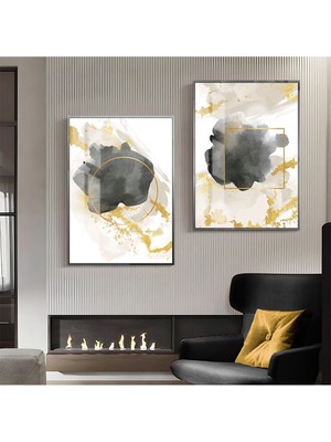 Harikabirev Gri Gold Krem Desenli Soyut Kombini 00Çerçeveli Cam Tablo  2'li