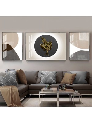 Harikabirev Goold Gri Krem Yaprak Desen Sevilen Kombini  Çerçeveli Temperli Cam Tablo 3'lü