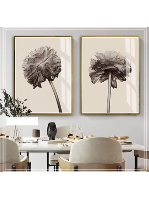 Harikabirev Soft Bej Çiçek Kombini 04  Çerçeveli Cam Tablo  2'li