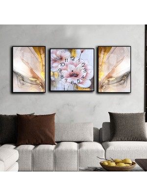 Harikabirev Pembe Gold Soyut Çiçek Kombin Seti  Çerçeveli Saatli Cam Tablo
