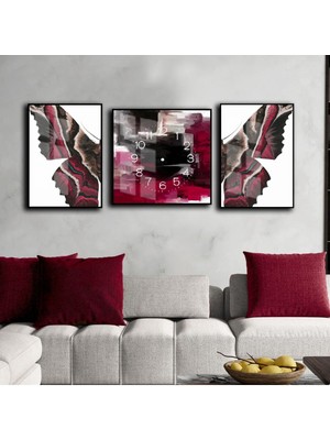 Harikabirev Kırmızı Siyah Soft Abstract Kelebek Kombini  Çerçeveli Saatli Cam Tablo