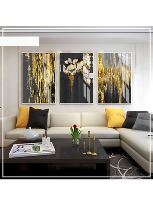 Harikabirev Siyah Gold Gri  Soyut  Seti  Çerçeveli Cam Tablo 3'lü