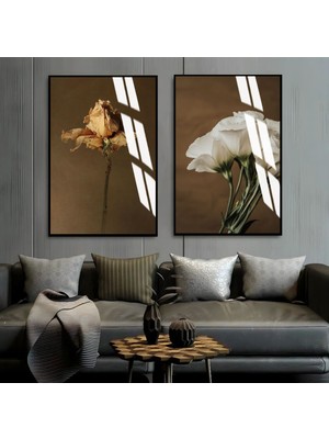 Harikabirev Kahve Beyaz Sarı Çiçek Kombini Çerçeveli Cam Tablo  2'li