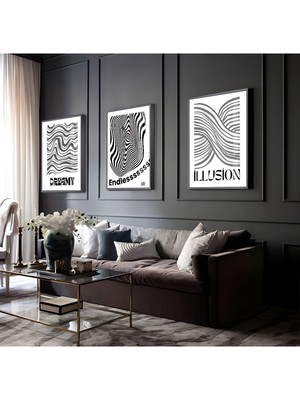 Harikabirev Siyah Beyaz Bohem Çizgiler Kombini  Çerçeveli Cam Tablo  3'lü