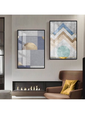 Harikabirev Mavi Gri Sarı Desenli Soyut Kombini  Çerçeveli Cam Tablo  2'li