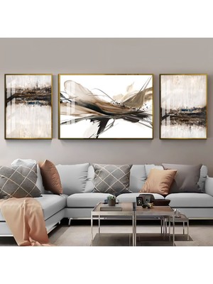 Harikabirev Krem Beyaz Renk Soyut Sevilen Kombini  Çerçeveli Temperli Cam Tablo 3'lü