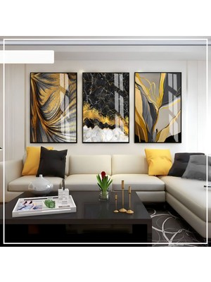 Harikabirev Siyah Gold Gri Renk Soyut Kombin Seti  Çerçeveli Cam Tablo 3'lü