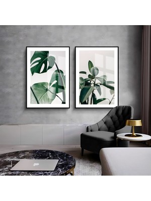 Harikabirev Beyaz Yeşil Yaprak Dalları Kombini  Çerçeveli Cam Tablo  2'li