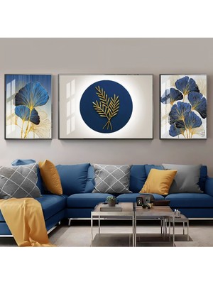 Harikabirev Lacivert Gold Sevilen Sonsuzluk Çiçek Yaprak  Çerçeveli Temperli Cam Tablo 3'lü