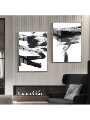 Harikabirev Siyah Beyaz Abstract Kombin  Çerçeveli Cam Tablo  2'li