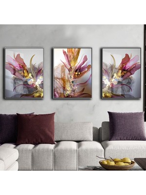 Harikabirev Pudra Pembe Ve Mor Soyut Şekil Kombini  Çerçeveli Cam Tablo 3'lü