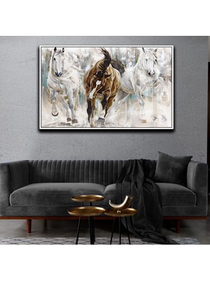 Harikabirev Beyaz Kahverengi Atlar Çerçeveli Cam Tablo Tekli