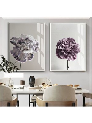 Harikabirev Gri Mor Çiçek Kombini  Çerçeveli Cam Tablo  2'li