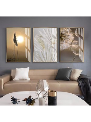 Harikabirev Krem Gold Beyaz Renk Püsküllü Çiçek Kombini  Çerçeveli Cam Tablo 3'lü
