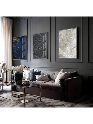 Harikabirev Mavi Gold Gri Soyut Kombin  Çerçeveli Cam Tablo  3'lü