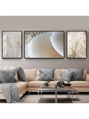 Harikabirev Beyaz Krem Renk Çiçek Soyut Kombin   Çerçeveli Temperli Cam Tablo 3'lü