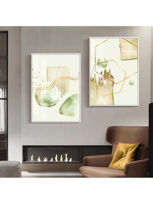 Harikabirev Yeşil Kahverengi Gold Desenli Soyut Kombini Çerçeveli Cam Tablo  2'li