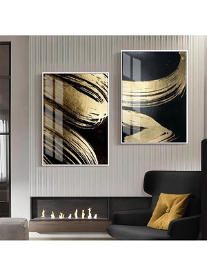 Harikabirev Siyah Gold Soyut Abstract Kombin  Çerçeveli Cam Tablo  2'li