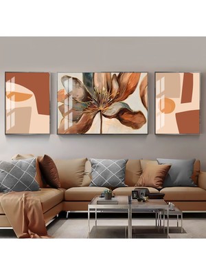 Harikabirev Krem Gold Kahverengi Soyut Çiçek Kombini  Çerçeveli Temperli Cam Tablo 3'lü