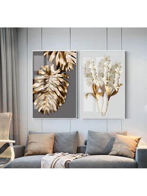 Harikabirev Gold Beyaz Yaprak&Çiçek Kombini  Çerçeveli Cam Tablo  2'li