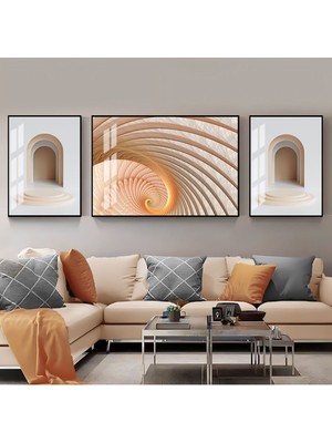 Harikabirev Turuncu Beyaz Gold Soyut Şekil Kombini Çerçeveli Temperli Cam Tablo 3'lü