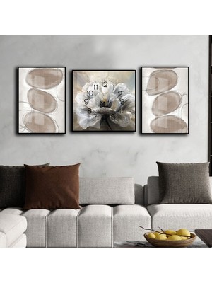 Harikabirev Bej Krem Abstract Çiçek Desenli Kombin Modeli  Çerçeveli Saatli Cam Tablo