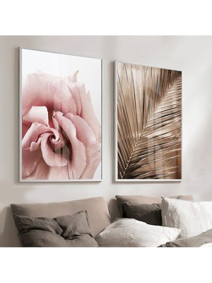 Harikabirev Gül Kurusu Pembe Gold Renk Çiçek Ve Soyut Kombini   Çerçeveli Cam Tablo  2'li