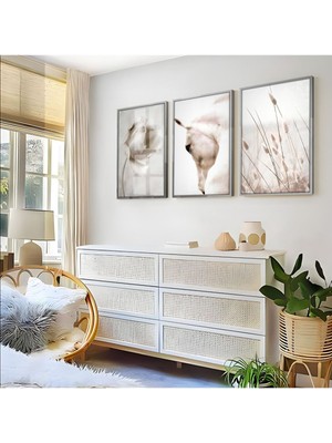 Harikabirev Beyaz Çiçekler At Kombini  Çerçeveli Cam Tablo  3'lü