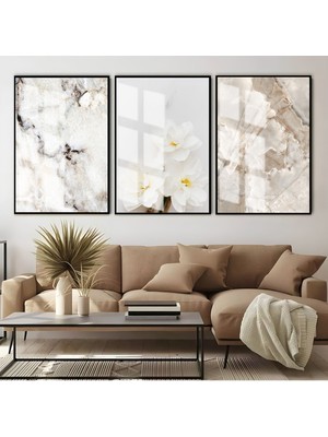 Harikabirev Beyaz Gri Renk Soft Çiçek Soyut Kombin  Çerçeveli Cam Tablo  3'lü