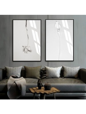 Harikabirev Soft Siyah Beyaz Gül Kombini Çerçeveli Cam Tablo  2'li