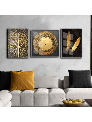 Harikabirev Siyah Gold Gri Soyut Desenli Kombin Seti  Çerçeveli Saatli Cam Tablo