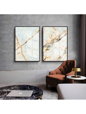 Harikabirev Beyaz Yeşil Mermer Desenli Soyut Kombini  Çerçeveli Cam Tablo  2'li