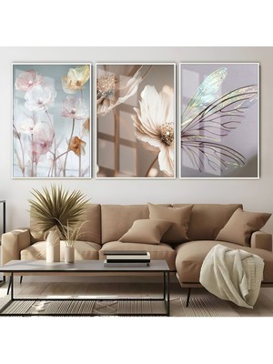 Harikabirev Soft Kelebek   Çiçekler Kombini  Çerçeveli Cam Tablo  3'lü