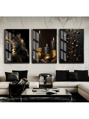 Harikabirev Gold Siyah Soyut Abstract Kombini Çerçeveli Cam Tablo 3'lü