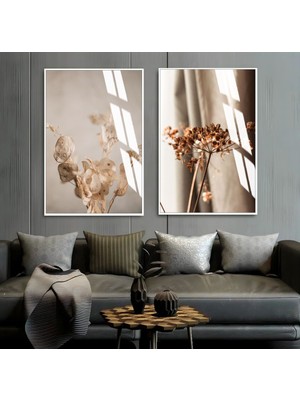 Harikabirev Kahve Beyaz Kuru Çiçek Kombini  Çerçeveli Cam Tablo  2'li