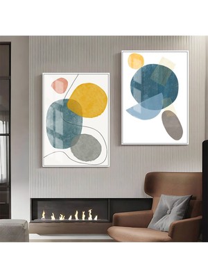 Harikabirev Sarı Mavi Turuncu Soyut Abstract Kombini  Çerçeveli Cam Tablo  2'li