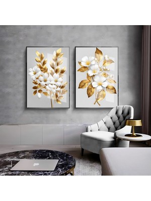 Harikabirev Beyaz Gold Desenli Çiçek Kombini  Çerçeveli Cam Tablo  2'li
