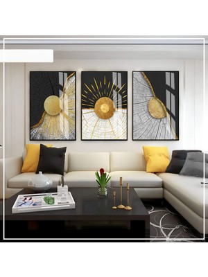 Harikabirev Siyah  Gold Renk Soyut Set  Çerçeveli Cam Tablo 3'lü