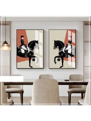 Harikabirev Krem Fuşya Renk Kadın Jokey Ve At Kombini  Çerçeveli Cam Tablo  2'li