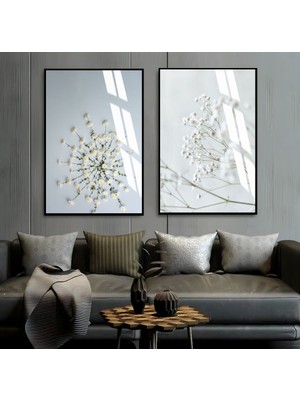 Harikabirev Beyaz Soft Renk Çiçek Kombini Yeni Çerçeveli Cam Tablo  2'li