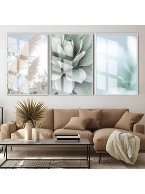 Harikabirev Yeşil Beyaz Soft Bitkili Kombin  Çerçeveli Cam Tablo  3'lü